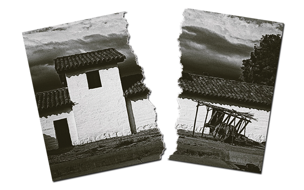Black and white photo of Mission ripped in half